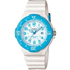 Casio Women's Dive Style Watch with White Glossy Resin Strap with Blue Accents