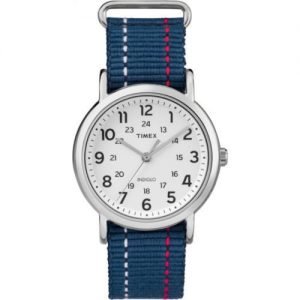 Timex Unisex Weekender Watch, Blue Denim Red and White Stitching Slip-Thru Strap