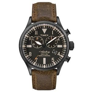 Timex Originals Waterbury Chronograph Black Dial Brown Leather Stainless Steel Indiglo Light Mens Watch TW2P64800