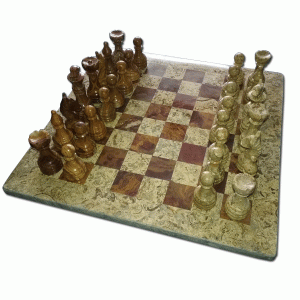 Handmade Fossil Coral & Dark Brown Weighted Marble Chess Game - Original Marble Chess Set
